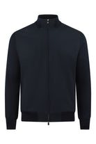 Tech-knit hybrid jacket in dark navy with full-zip front and stand collar