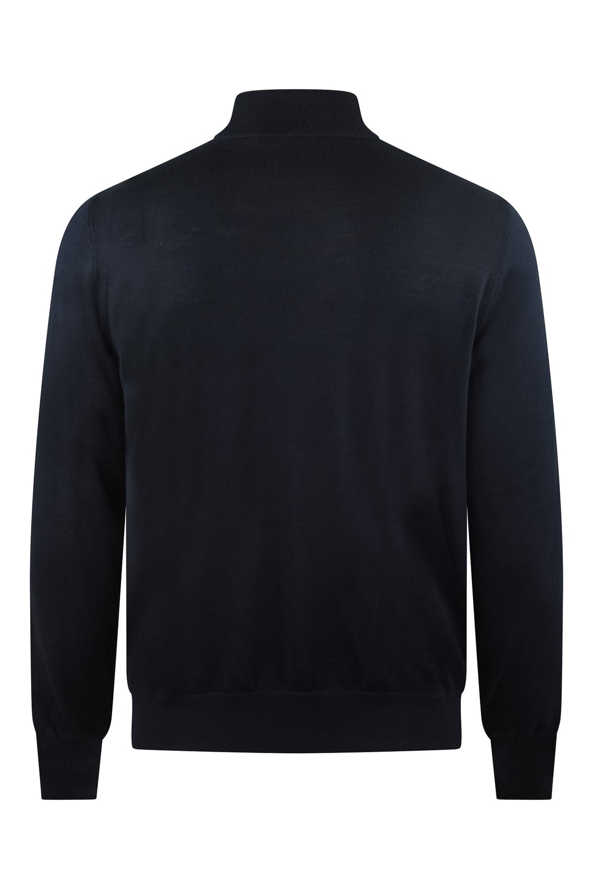 Dark navy tech-knit hybrid jacket with stand collar and ribbed cuffs