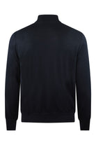 Dark navy tech-knit hybrid jacket with stand collar and ribbed cuffs