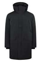 Black down parka with hood, front zipper, and two flap chest pockets