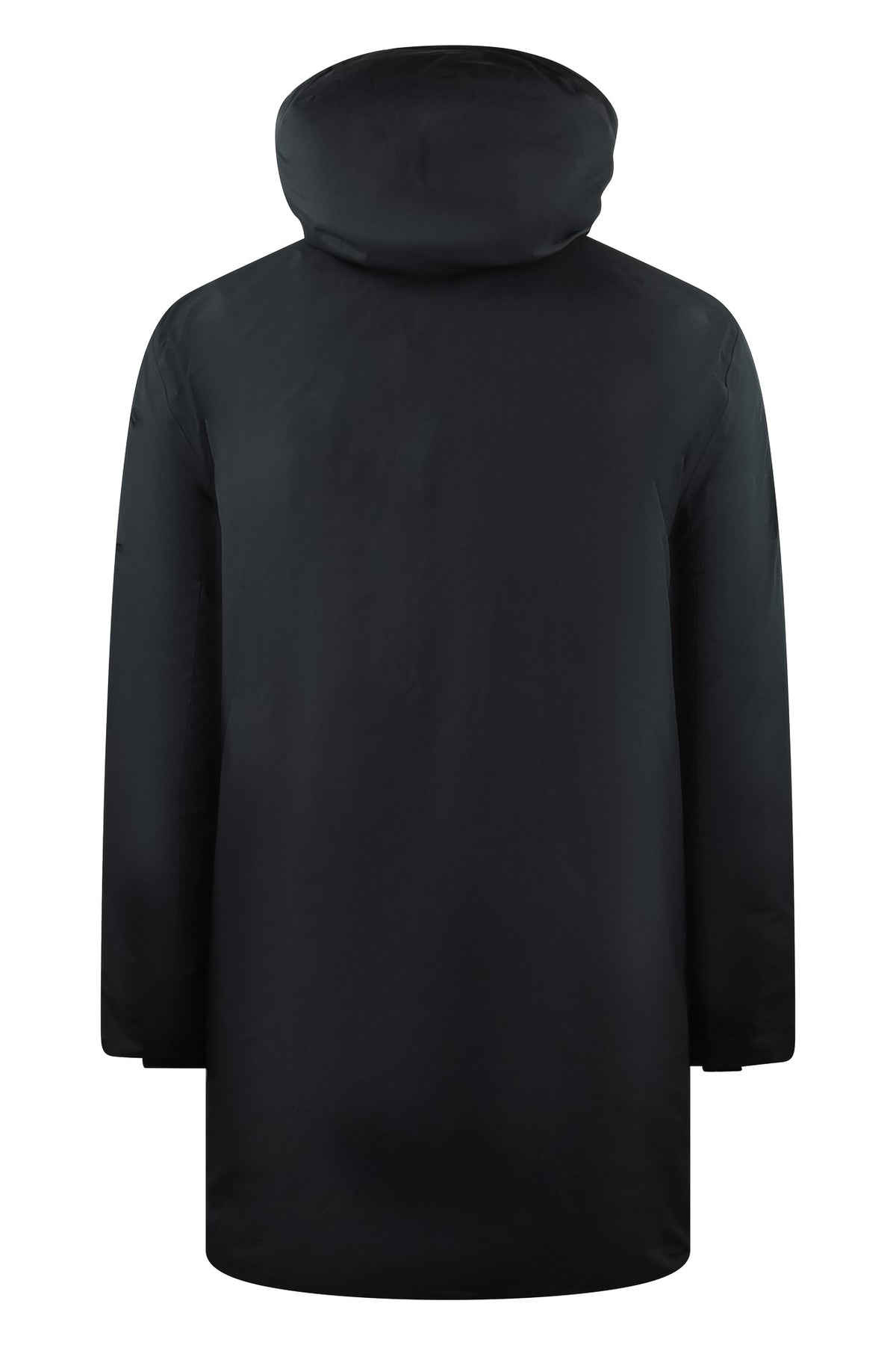 Black down parka with hood, full back coverage, and smooth outer panel