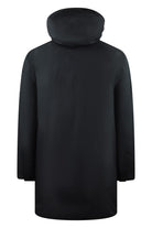Black down parka with hood, full back coverage, and smooth outer panel