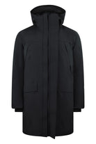 Black down parka with hood, center front zipper, and dual flap pockets