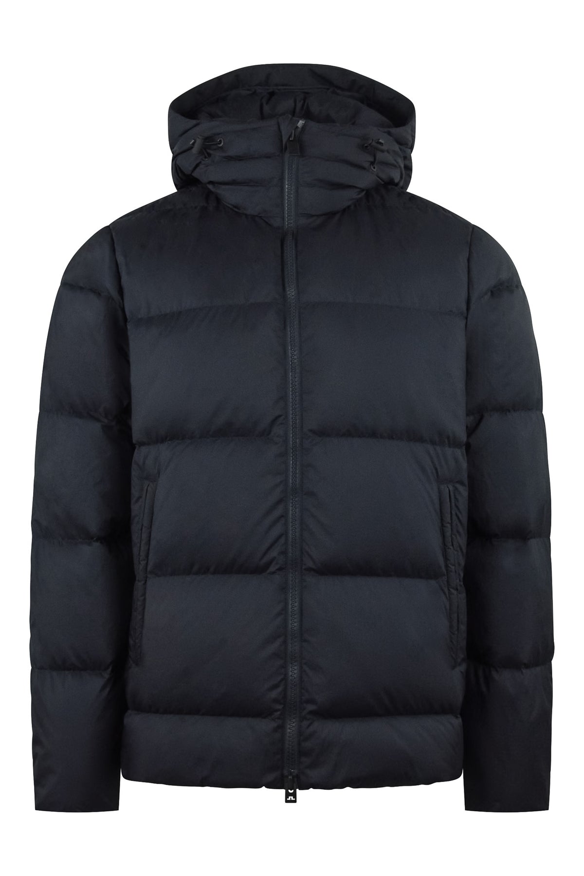 J.Lindeberg Daryl crinkle down jacket in dark navy with full-zip front and hood