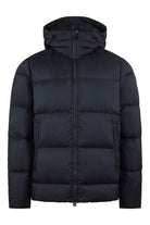 J.Lindeberg Daryl crinkle down jacket in dark navy with full-zip front and hood