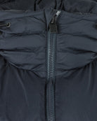 Dark navy crinkle down jacket close-up of center zipper and collar