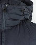 Dark navy hooded crinkle down jacket with drawcord and metal zipper pull