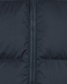 Dark navy crinkle down jacket front close-up of full-length zipper