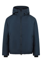 Navy down jacket with full-zip front and hood