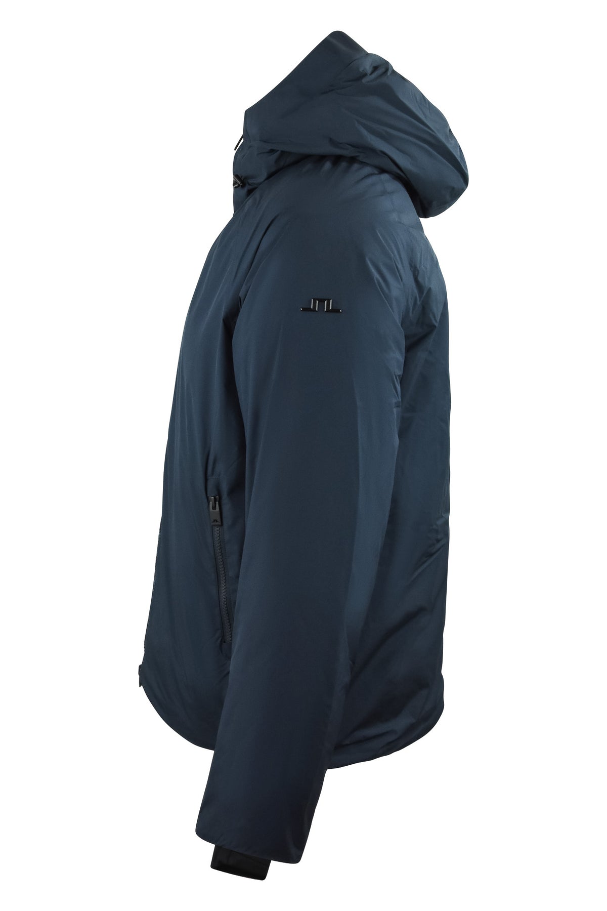 Navy down jacket, side view with adjustable hood and full-zip