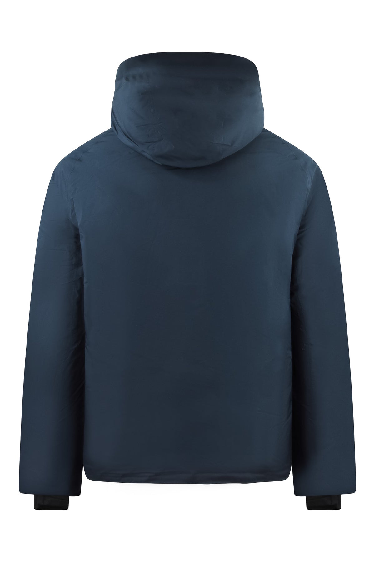 Navy down jacket with attached hood and full-zip front