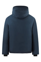 Navy down jacket with attached hood and full-zip front