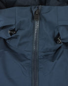 Navy down jacket upper front with hood drawcord and zipper