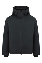 Black down jacket with high hood and full front zipper
