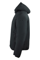 Black hooded down jacket, side view with zippered pocket detail