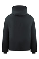 Black hooded down jacket with stand collar and front zip closure