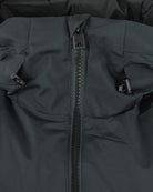 Down jacket midsection with exposed zipper and adjustable strap tabs
