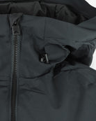 Side panel view of black down jacket with zipper track and pocket strap