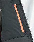 Orange inner zipper tape on black down jacket front
