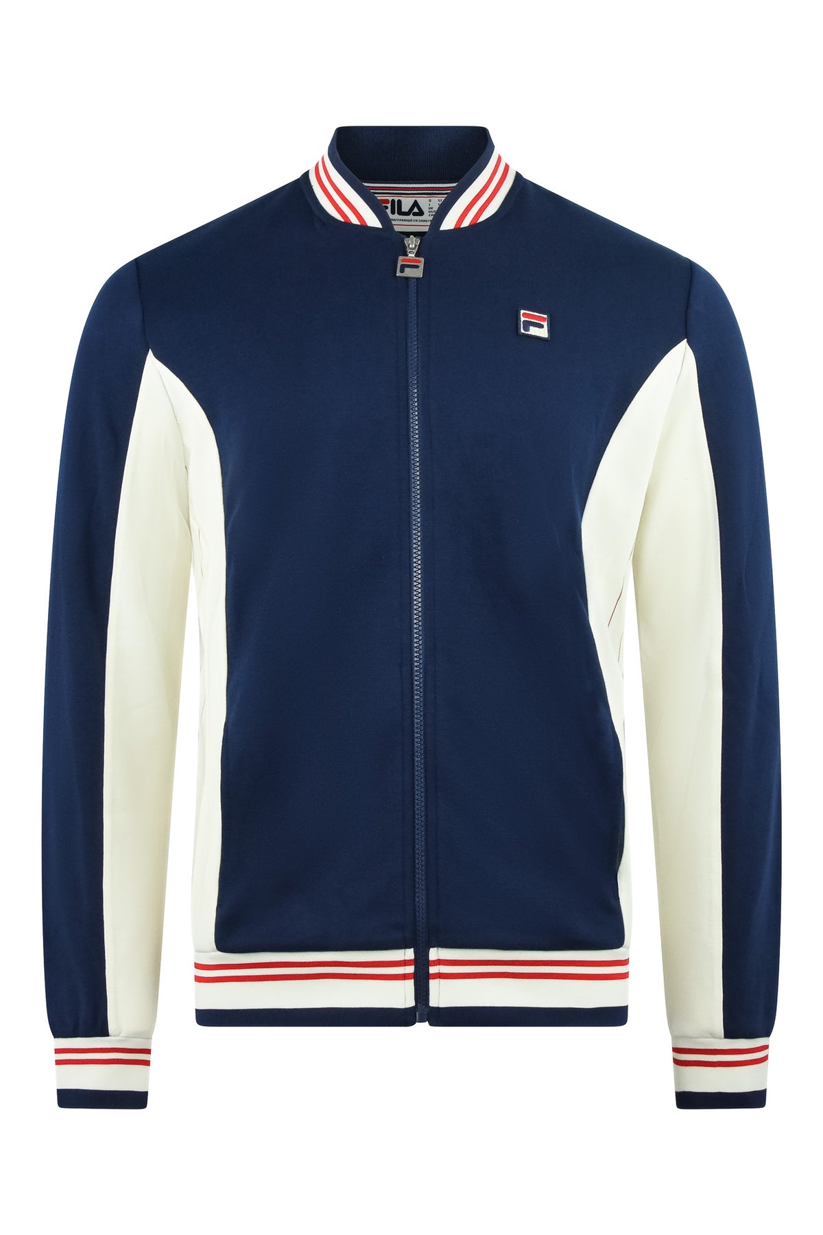 Navy and cream baseball track jacket with front zip, striped collar and logo patch
