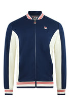 Navy and cream baseball track jacket with front zip, striped collar and logo patch