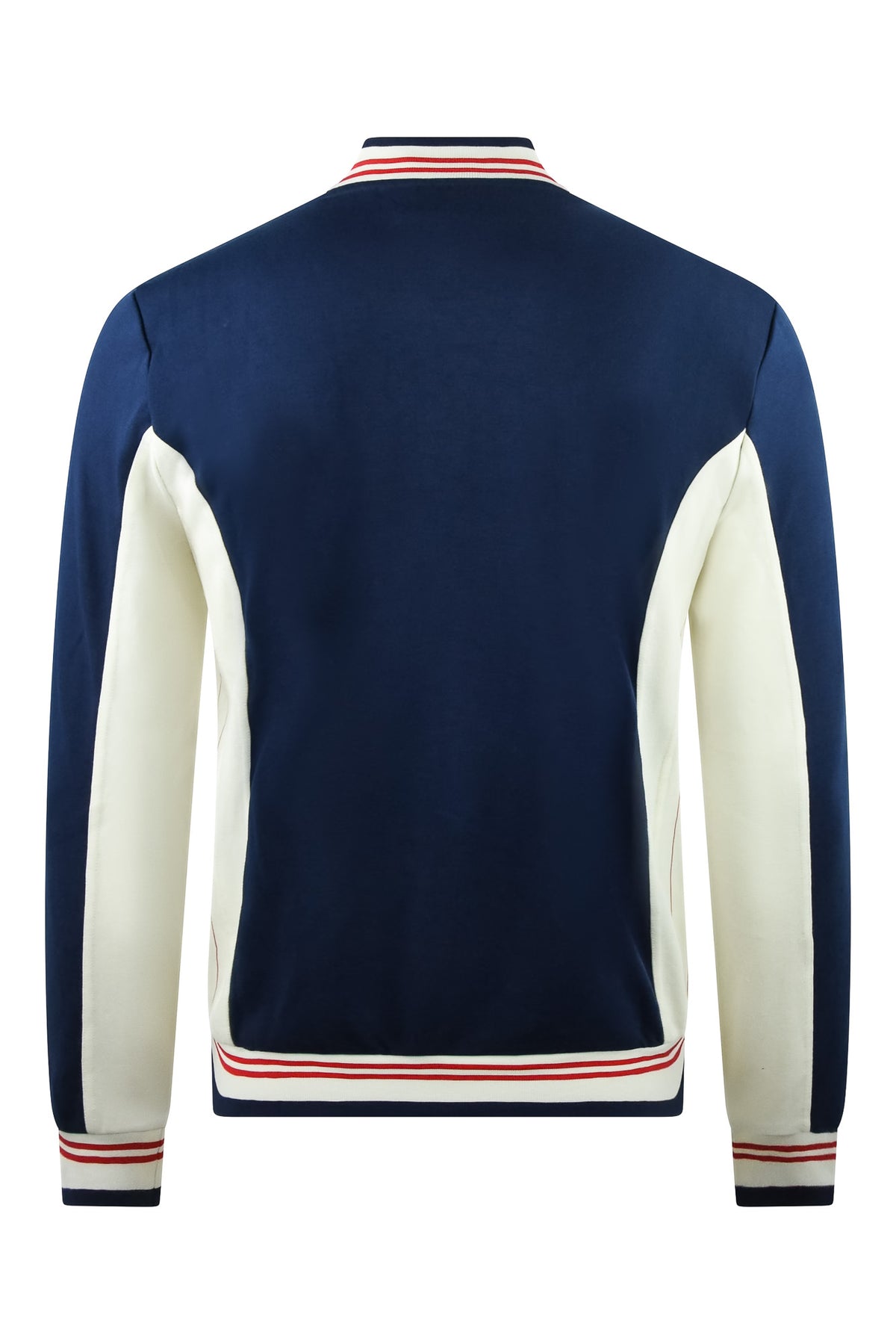 Navy baseball track jacket with cream sleeves and striped hem and cuffs