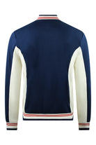 Navy baseball track jacket with cream sleeves and striped hem and cuffs