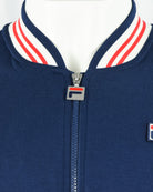Navy baseball track jacket with striped stand collar and front zipper