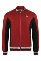Red baseball track jacket with black side panels, zip front, striped collar and cuffs.