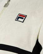 Cream baseball jacket with Fila logo patch and gold-tone zipper hardware