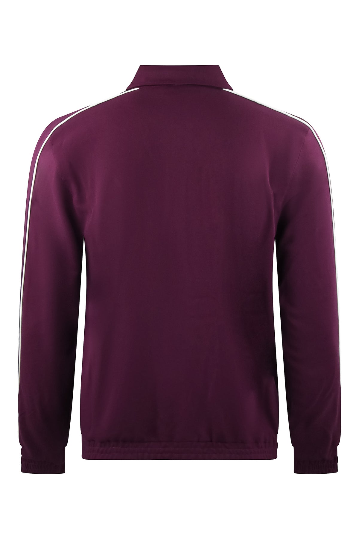 Purple track jacket back view with stand collar and contrast stripe details