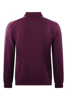 Purple track jacket back view with stand collar and contrast stripe details
