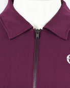 Purple track jacket front with stand collar and central zipper