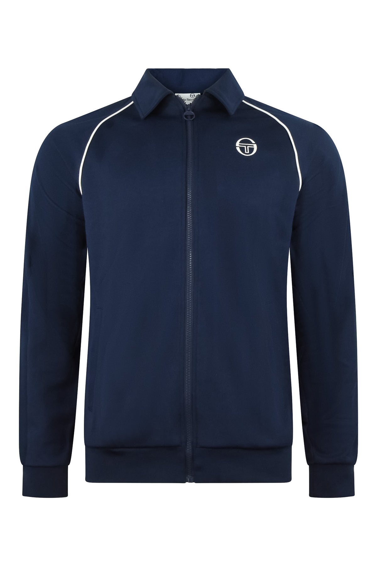 Men's navy zip-up track top with white tape stripe and chest logo