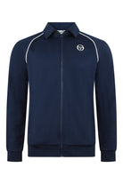 Men's navy zip-up track top with white tape stripe and chest logo