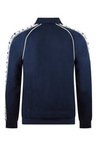 Men's navy track top with stand collar and back white tape stripe