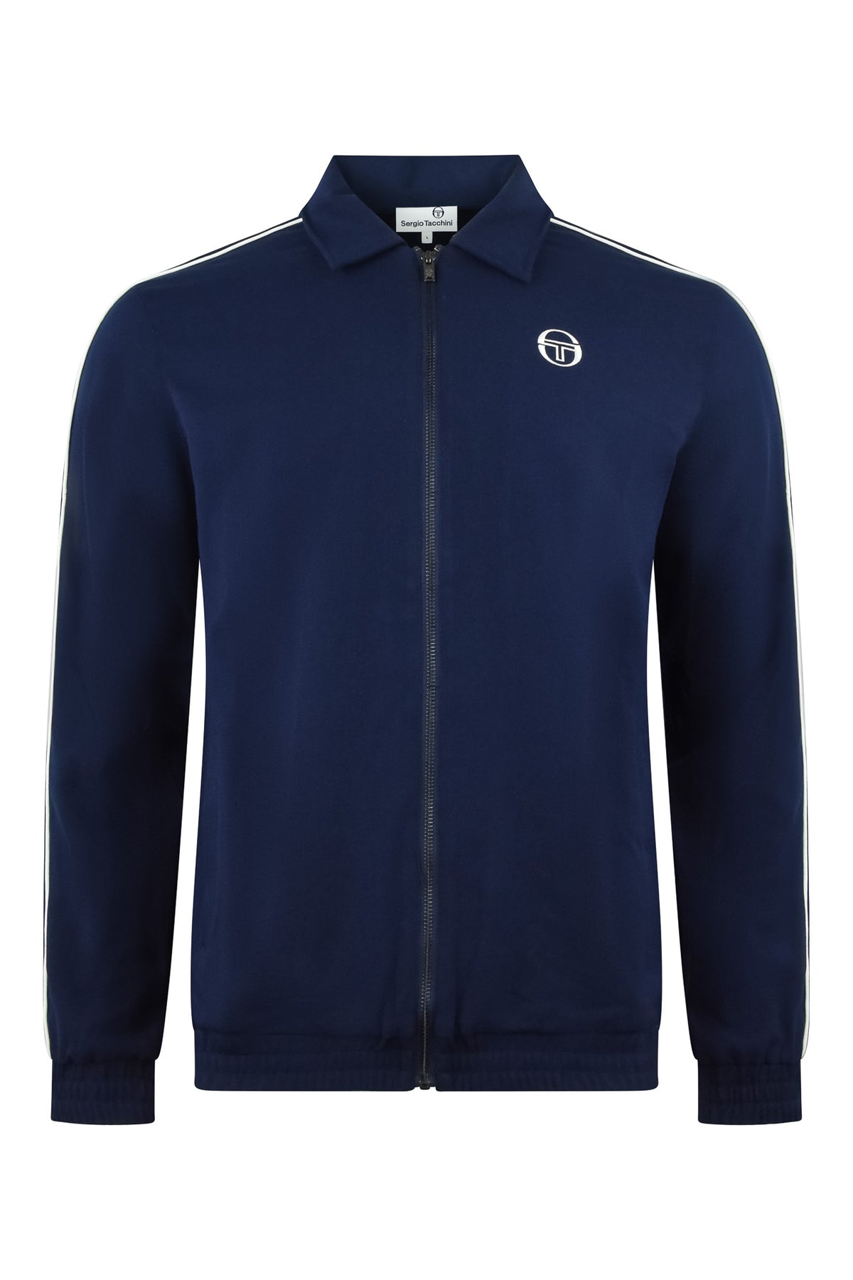 Navy track jacket with full zip, stand collar, white logo patch, and sleeve stripe detail