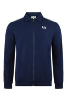 Navy track jacket with full zip, stand collar, white logo patch, and sleeve stripe detail