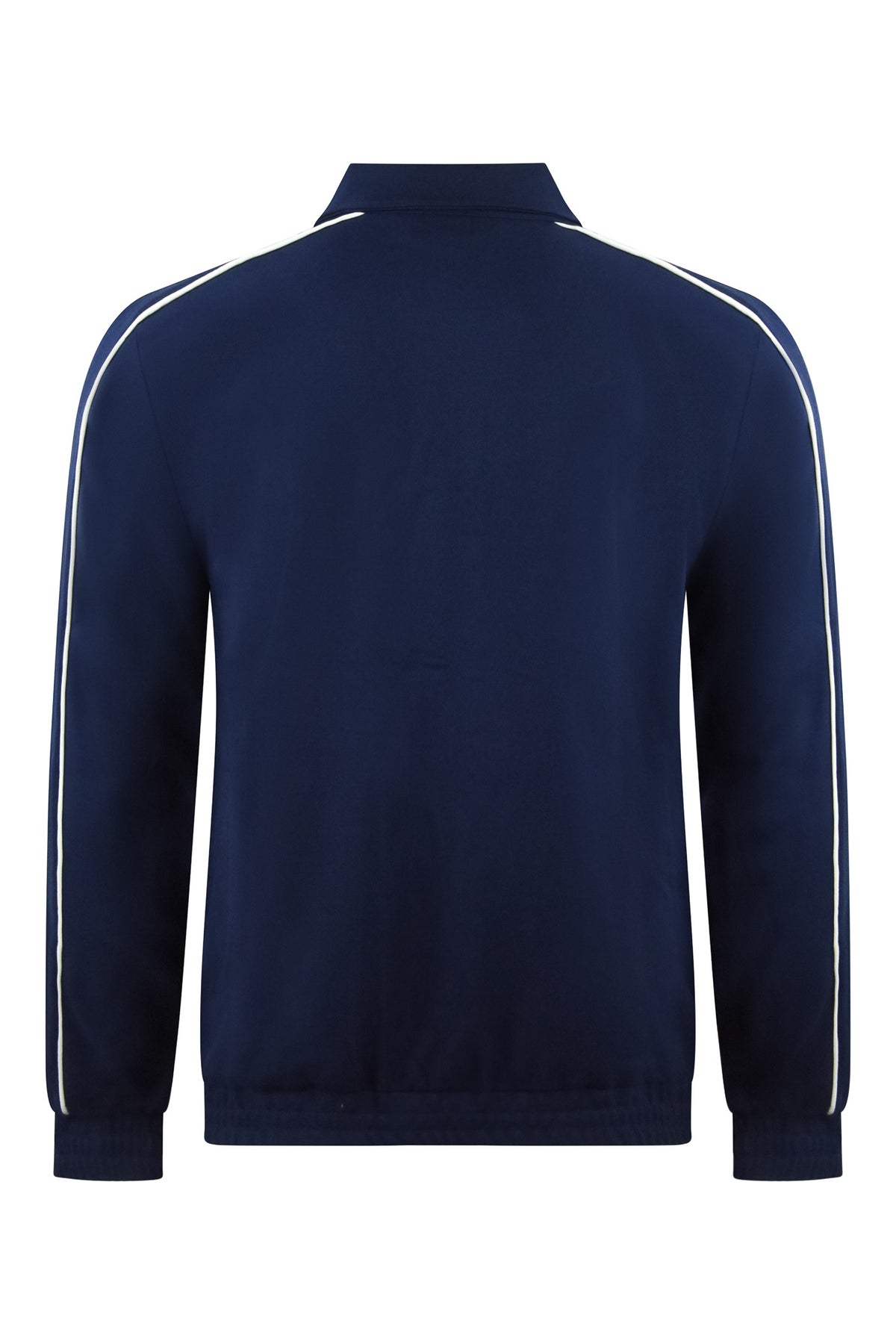 Navy track jacket back view with stand collar and vertical white stripe on each sleeve