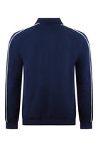 Navy track jacket back view with stand collar and vertical white stripe on each sleeve