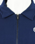 Navy track jacket front close-up with full-length zipper and high stand collar