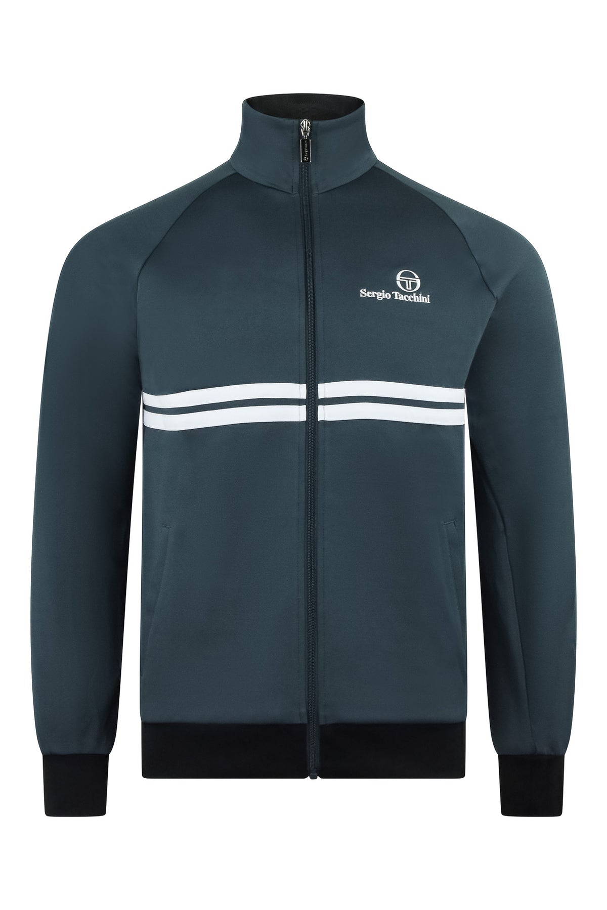 Teal track jacket with full zip, stand collar, white stripe band, Sergio Tacchini logo
