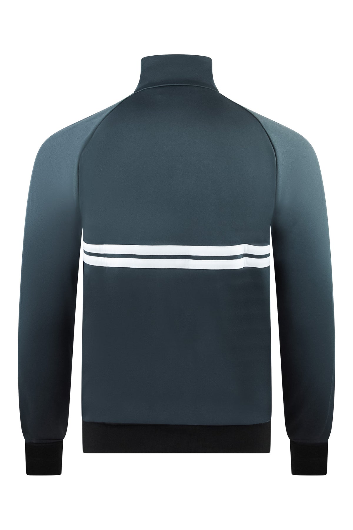 Teal track jacket back view with white stripe band across shoulders and ribbed cuffs