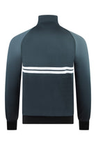 Teal track jacket back view with white stripe band across shoulders and ribbed cuffs