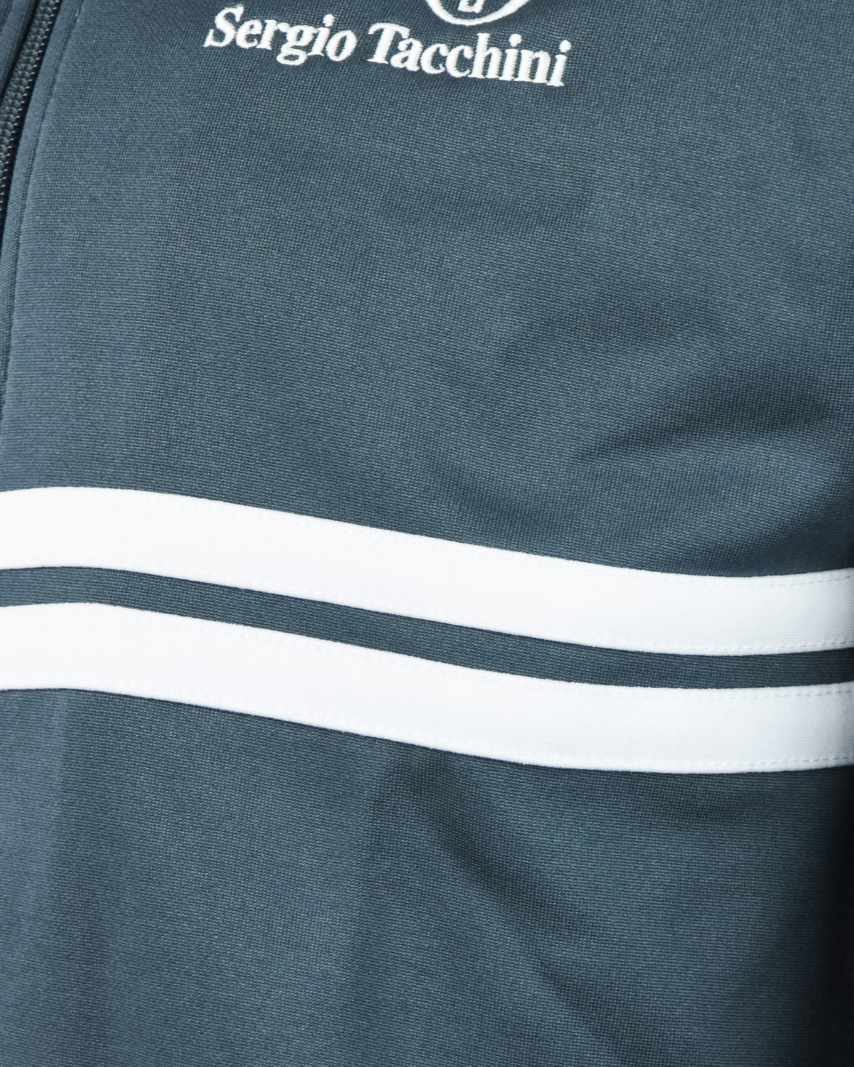 Teal track jacket with white stripe band and Sergio Tacchini logo near the hem