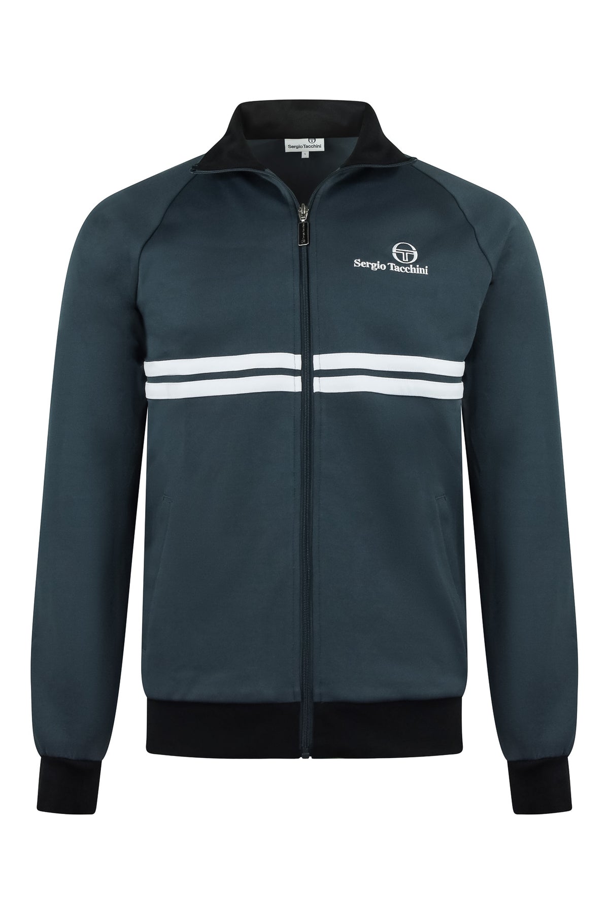 Teal track jacket with full zip, stand collar, white stripe band, ribbed cuffs