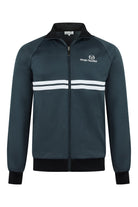 Teal track jacket with full zip, stand collar, white stripe band, ribbed cuffs