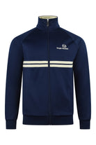 Navy track top jacket with stand collar, full zip, and cream stripe bands