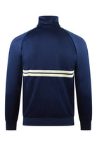 Navy track top jacket with stand collar, full zip, and cream stripe bands