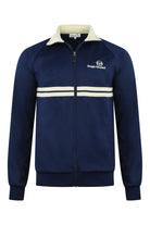 Navy track top jacket with cream stand collar, full zip, and stripe bands